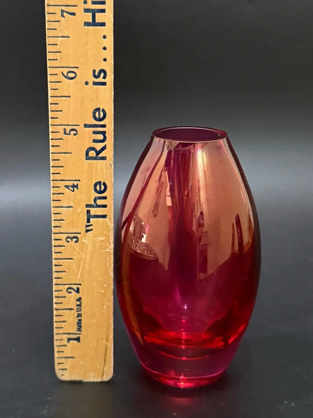 Iridescent Cranberry Rounded Teardrop Blown Art Glass 5” Vase